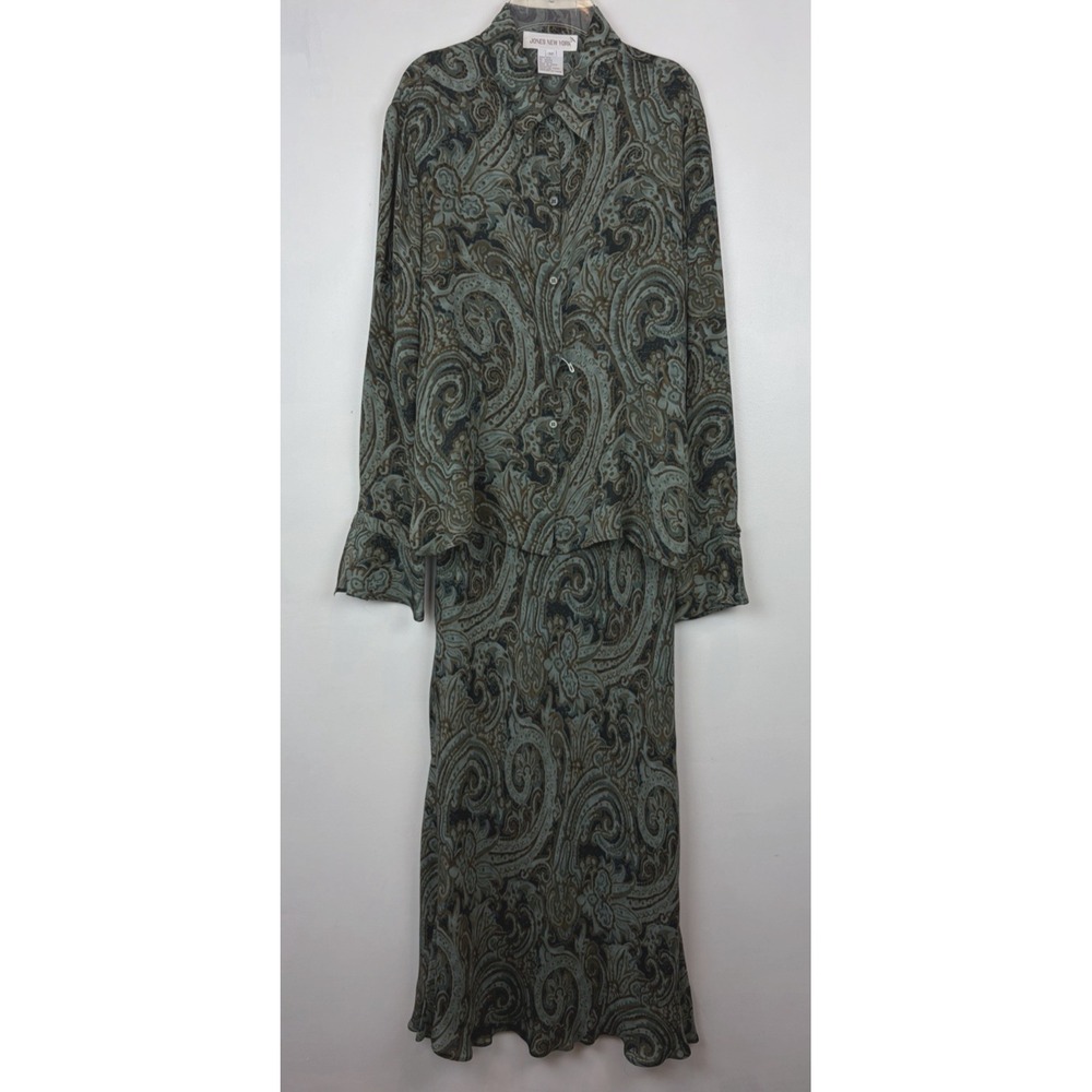 Vintage Silk Paisley Skirt Suit Set Womens 12 Green Top Office Career Old Money